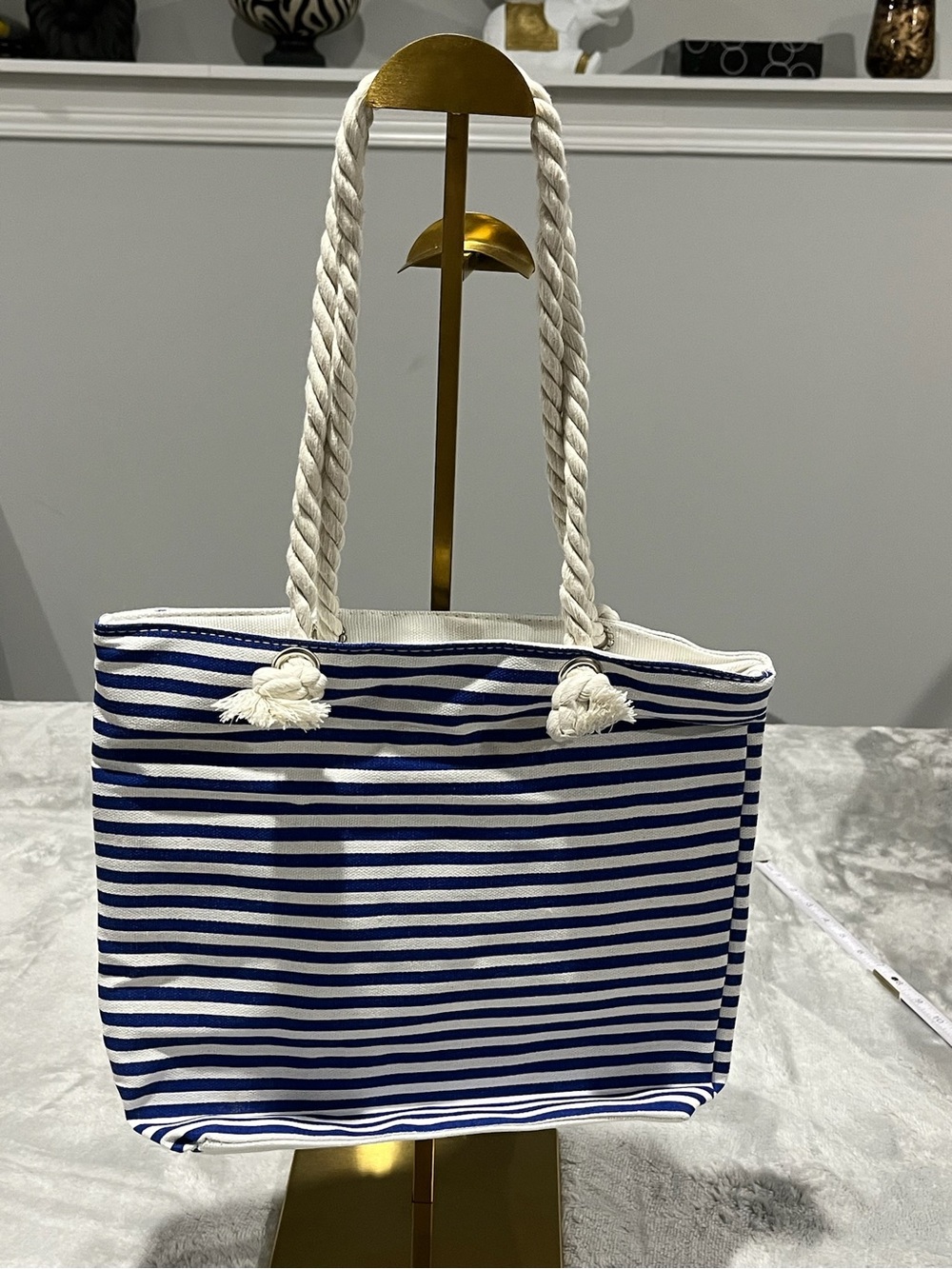 Striped Blue & White Rope-Handle Tote Bag NWOT - Picture 2 of 9